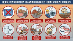 Illustration showing common house construction mistakes including poor planning, budget errors, material selection, and lack of supervision