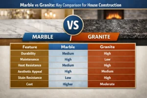 Marble vs granite comparison chart showing durability, maintenance, heat resistance, stain resistance, and cost for house construction