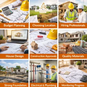 home construction planning steps including budget planning, choosing location, hiring professionals, house design, construction approvals, quality materials, strong foundation, electrical plumbing and monitoring progress