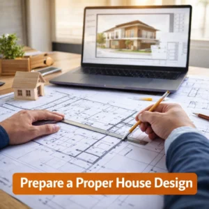 architect preparing house design blueprint for home construction