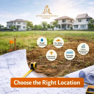 empty residential land with house blueprint and measuring tape showing important factors like road accessibility, electricity connection, water availability, drainage system and future development for house construction