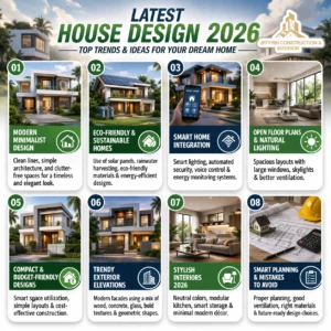 latest house design 2026 subtopics infographic showing modern minimalist homes eco friendly houses smart home integration and budget friendly house design in marthandam