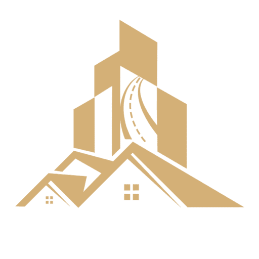 Stylized gold logo showing rooftops, a high-rise building, and a road representing Jeffrin Construction & Interior