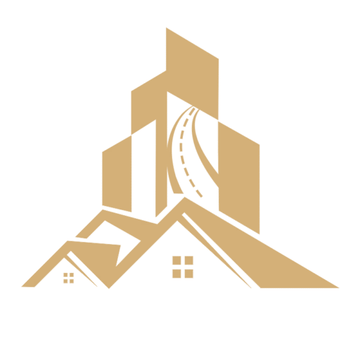 Stylized gold logo showing rooftops, a high-rise building, and a road representing Jeffrin Construction & Interior