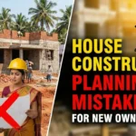 House construction planning mistakes illustration showing poor layout design, budget issues, material selection errors, and lack of supervision during home building