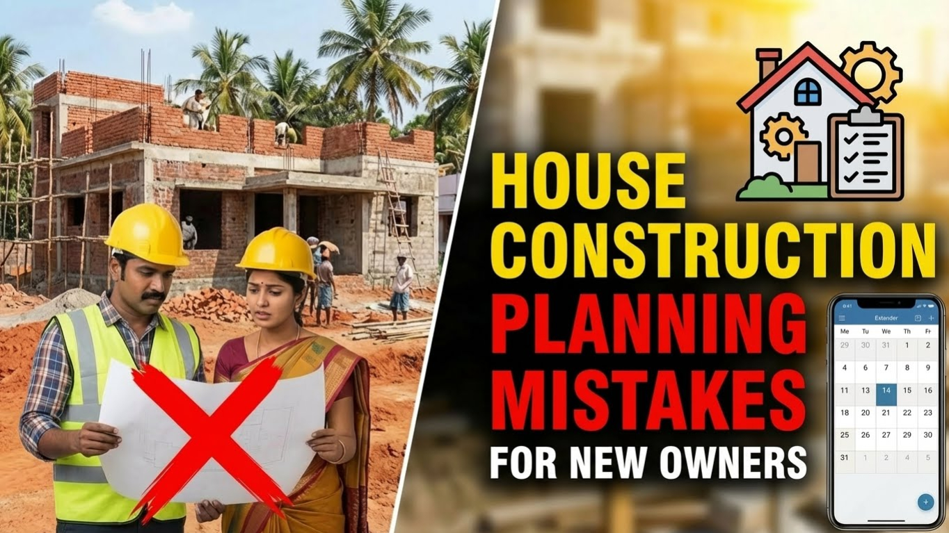 House construction planning mistakes illustration showing poor layout design, budget issues, material selection errors, and lack of supervision during home building